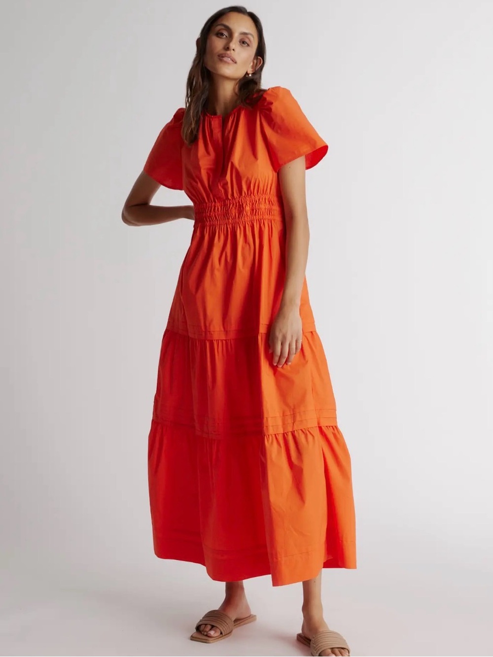 Quince. 100% Organic Cotton Poplin Tiered Maxi. Vermillion Red. Size XS.